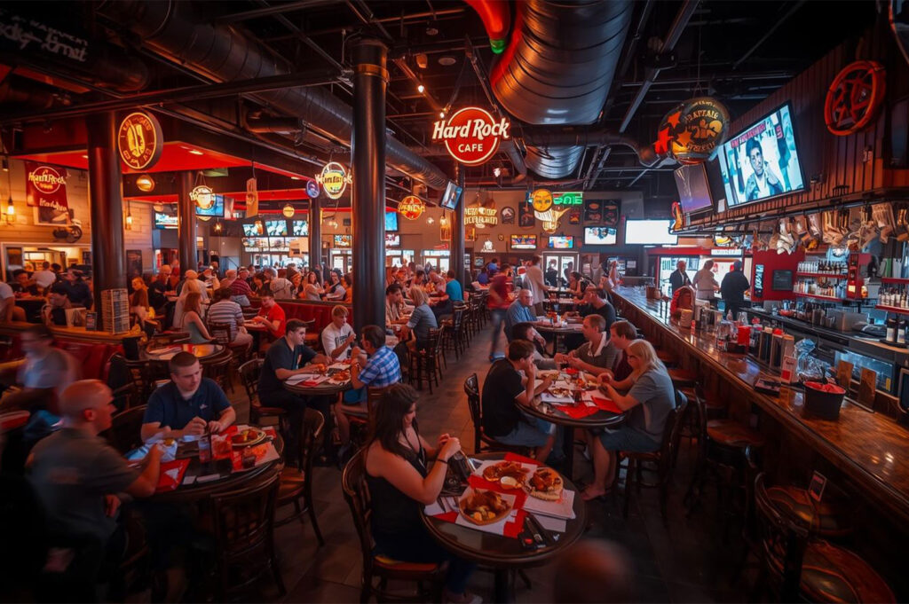 Wide shot of a busy, dimly lit Hard Rock Cafe interior with many patrons seated at tables, memorabilia hanging on the walls, and a long wooden bar counter.