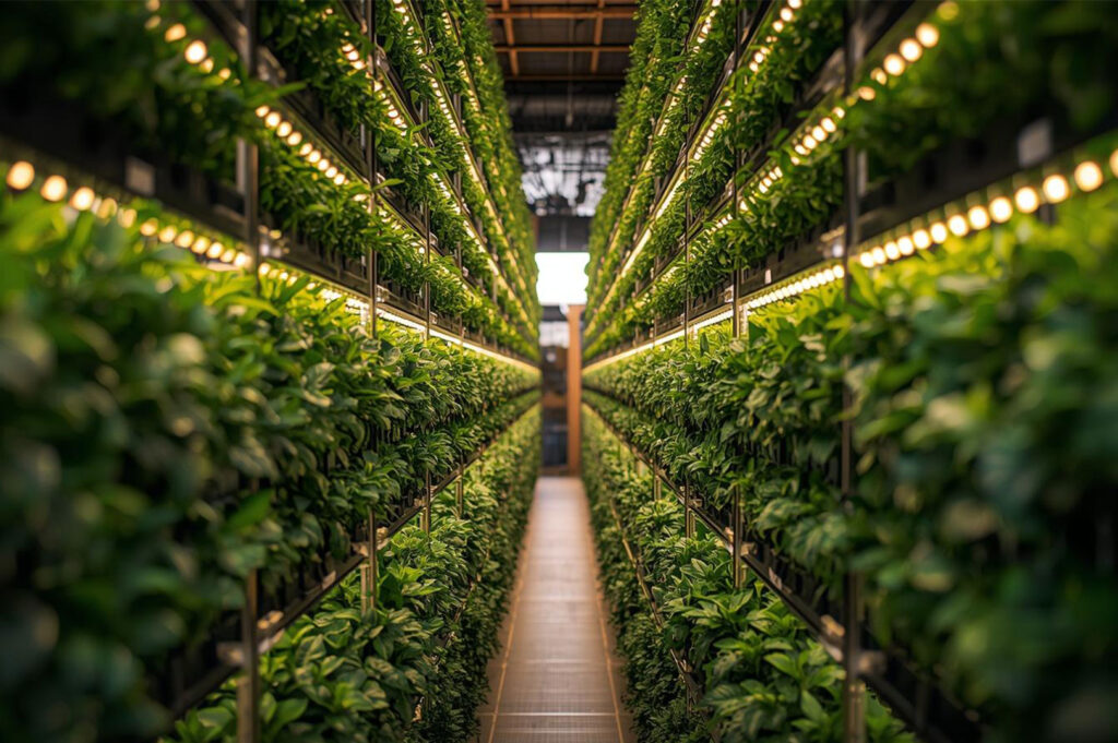 Interior shot of a modern vertical farm with rows of hydroponic leafy greens growing under warm LED lighting, emphasizing the depth of the aisle.