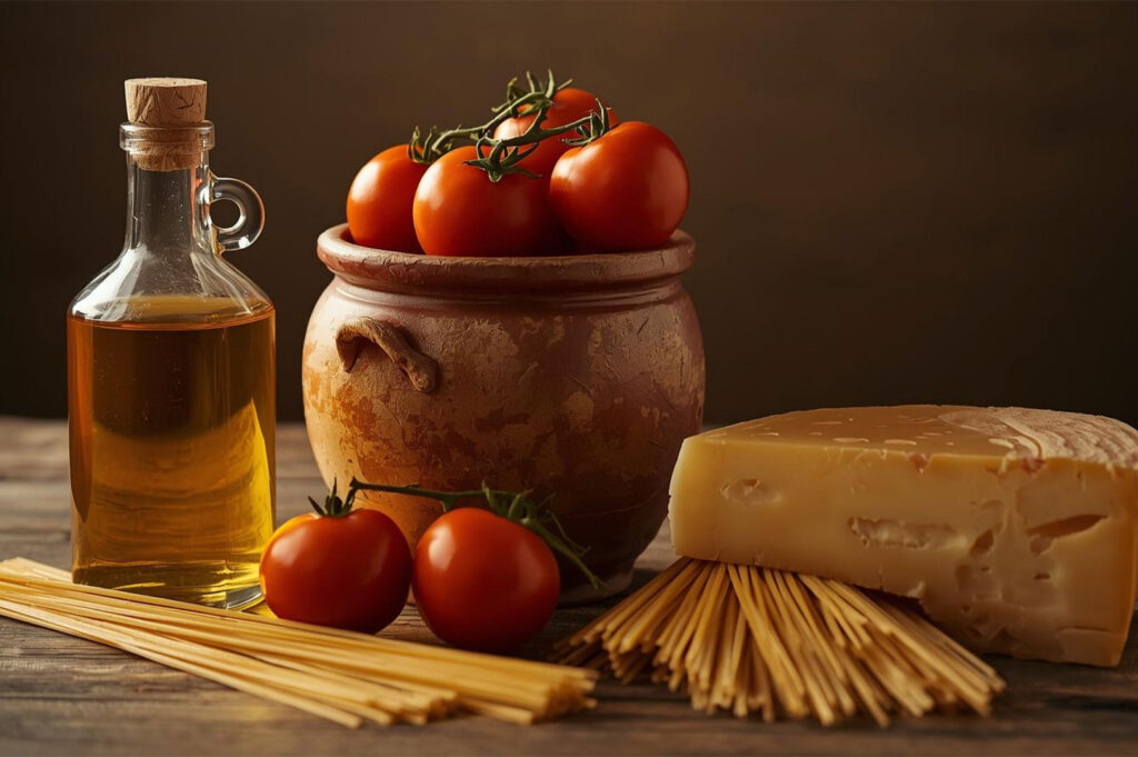 Still life composition of essential Italian cooking ingredients on a rustic wooden table: a glass bottle of olive oil, a terracotta pot filled with vine tomatoes, loose tomatoes, a wedge of hard cheese (like Parmesan), and a bundle of dry spaghetti noodles.