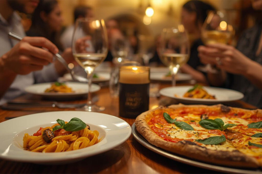 Close-up of a table featuring a margherita pizza, a plate of pasta, and wine glasses, with people enjoying dinner in a cozy, dimly lit setting.