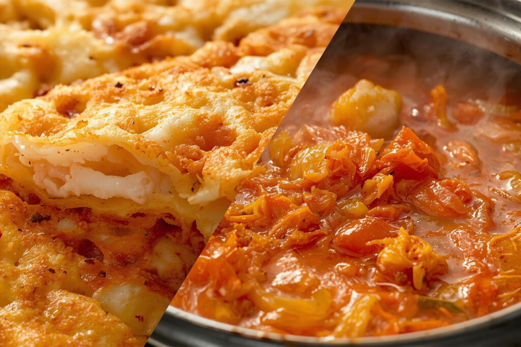 A split image showing a golden, crispy seafood or vegetable Korean pancake (Pajeon) next to a pot of bubbling, spicy orange Kimchi Jjigae stew.