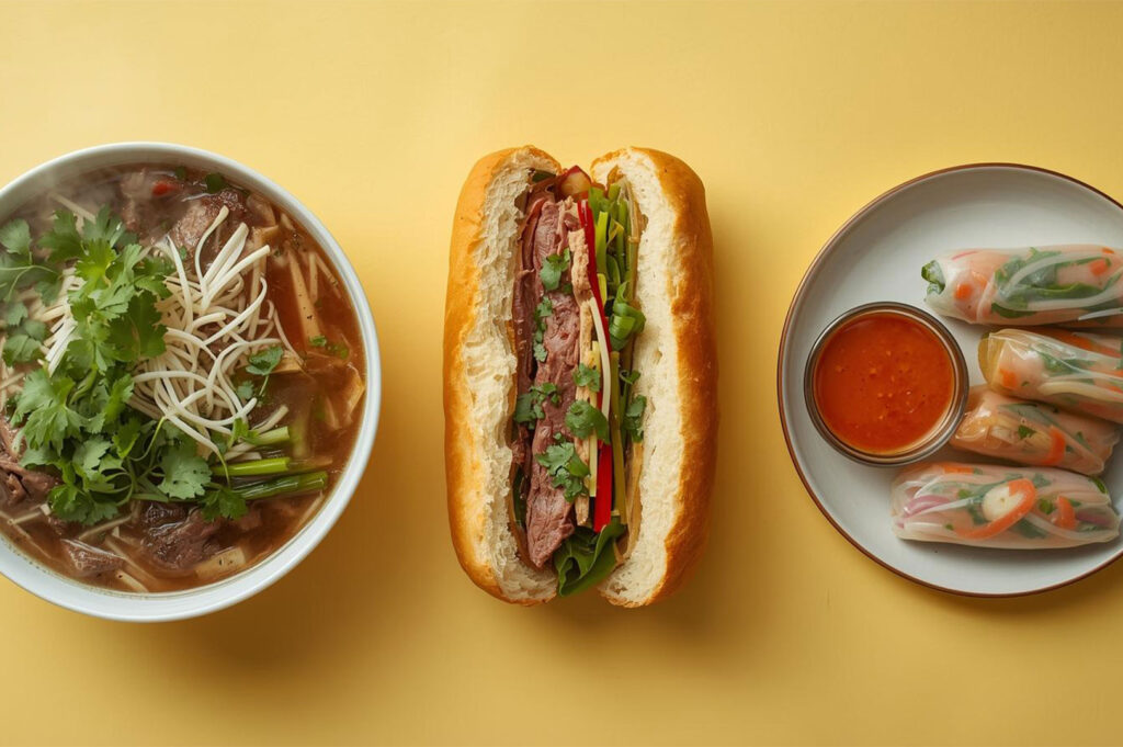 Overhead shot of a classic Vietnamese meal set: a bowl of beef pho, a stuffed Bánh Mì sandwich, and fresh spring rolls with a dipping sauce, all on a yellow background.