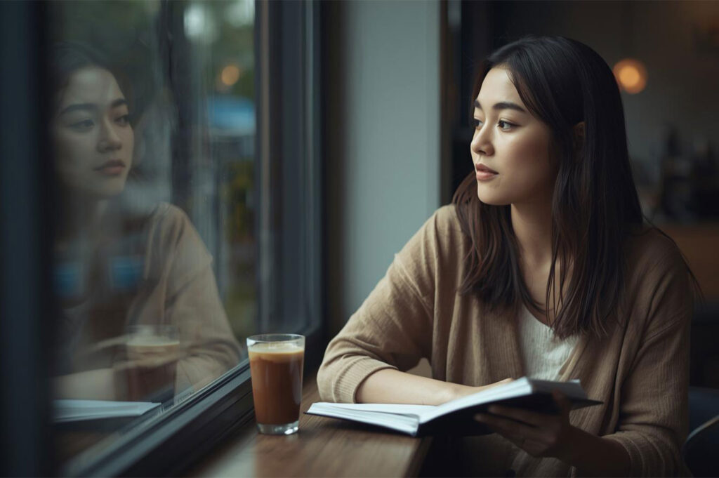 A young woman sitting thoughtfully by a large window in a cafe, reading a book next to a glass of iced coffee, with her reflection visible in the glass.