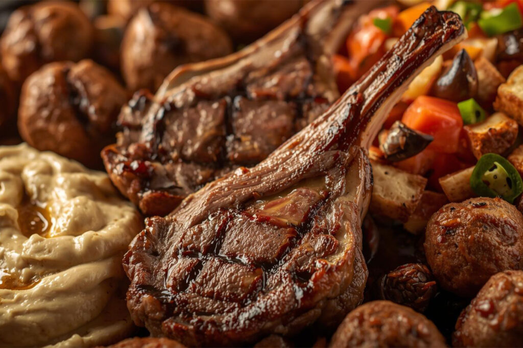 Extreme close-up of two perfectly grilled lamb chops served on a platter surrounded by smooth hummus or baba ghanoush, meatballs, and roasted vegetables.