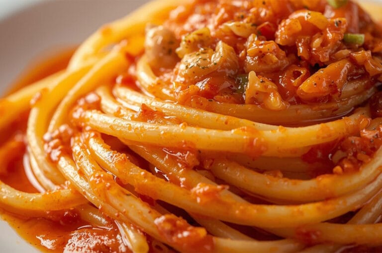 Macro close-up of thick spaghetti-like pasta tossed in a rich, red tomato sauce with visible pieces of seafood (likely clams or shrimp) and herbs, emphasizing the texture of the dish.