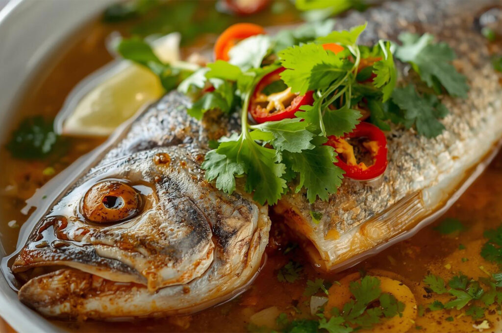 A close-up of a perfectly steamed or baked whole fish (likely Central Thai style) submerged in a savory broth, garnished heavily with fresh cilantro, lime slices, and red chili peppers.