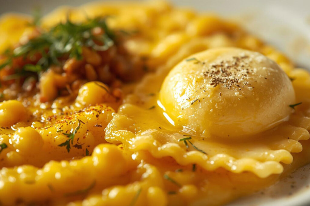 Extreme close-up of homemade ravioli or pasta pockets covered in a rich, buttery yellow sauce, garnished with herbs and cracked black pepper.