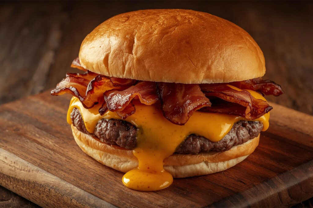 Extreme close-up of a gourmet bacon cheeseburger with thick beef patty, crispy bacon slices, and bright orange melted cheese sauce dripping down the side.