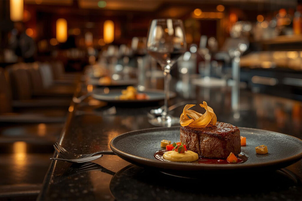 A close-up of a perfectly seared filet mignon or steak medallion served on a dark gray plate with a gourmet garnish of a potato chip spiral and sauce, indicative of a fine dining restaurant.