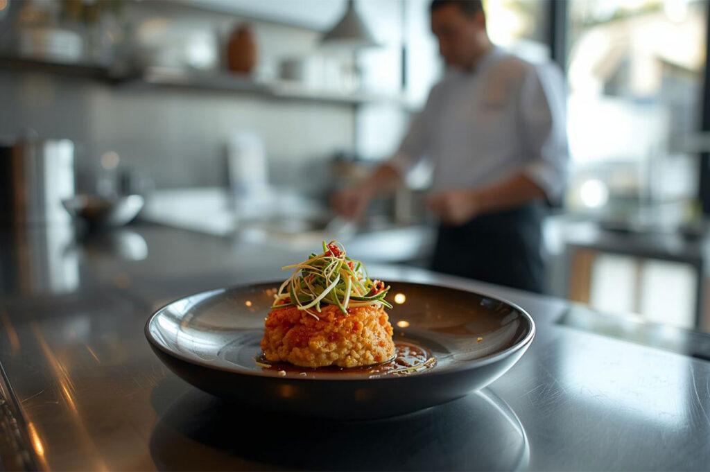 Gourmet plated dish, possibly risotto or tartare, topped with microgreens and served on a dark plate on a stainless steel counter, with a chef blurred in the background.