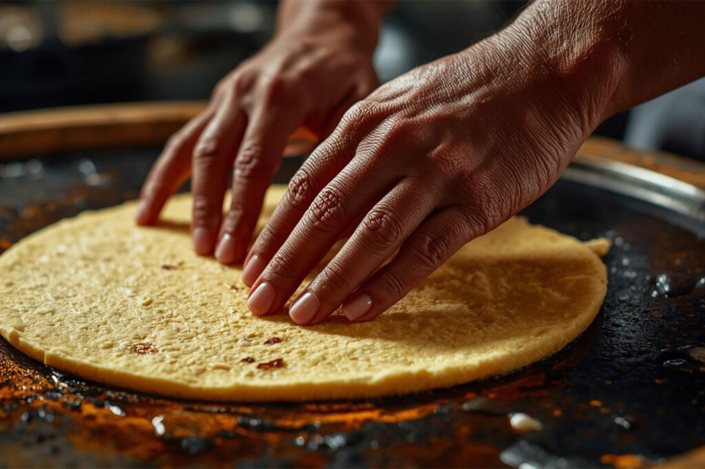 Close-up of a pair of hands gently pressing or flattening a round corn tortilla onto a hot, oiled metal surface (comal) for cooking.
