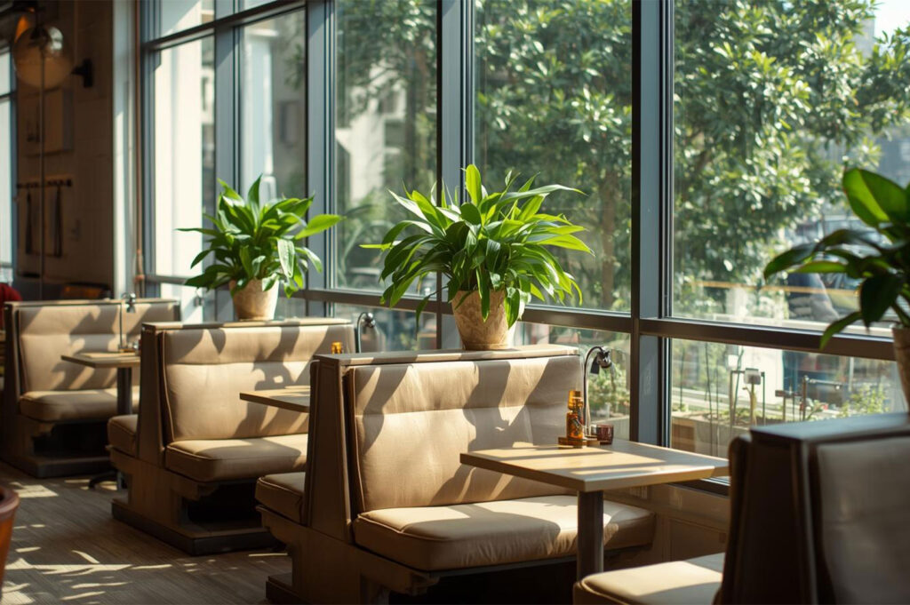 Bright cafe interior with large windows, featuring a row of comfortable, light beige booth seating and small wooden tables, illuminated by natural daylight and green plants.