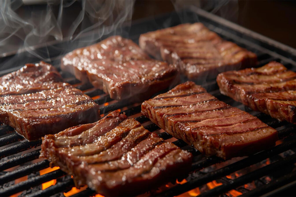 Steaming, scored, premium cuts of grilled meat with visible grill marks cooking over open flames on a hot Korean BBQ grill.