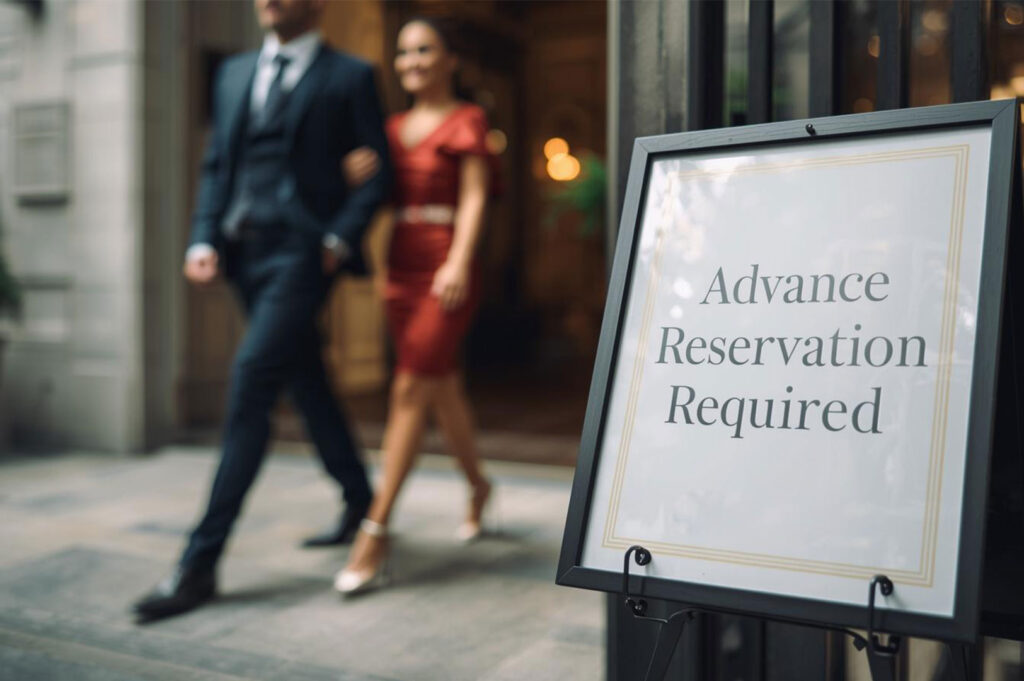 A close-up sign outside a venue stating "Advance Reservation Required," with a smartly dressed couple walking arm-in-arm in the blurred background, suggesting an exclusive dining experience.