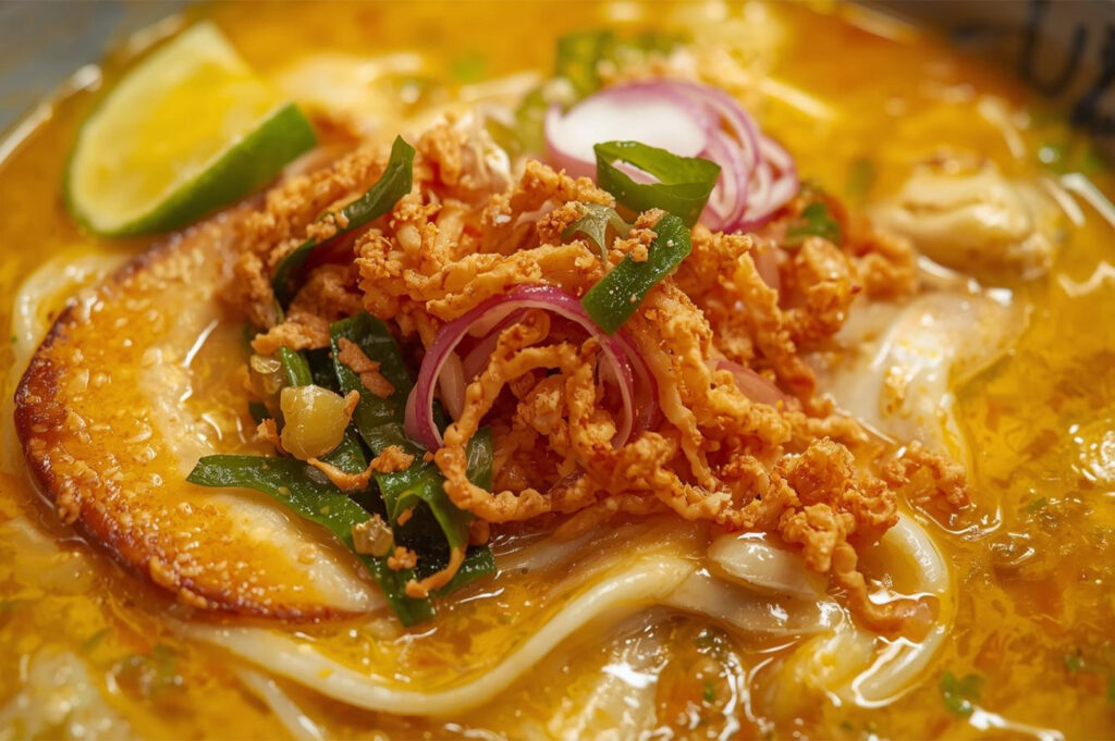 A macro close-up of a rich, creamy Northern Thai dish (likely Khao Soi), showing soft wheat noodles topped with crispy fried noodles, sliced red onions, and scallions in a yellow curry broth.