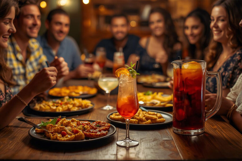 Group of friends laughing and sharing plates of tapas, pasta, and cocktails, including a large pitcher of sangria, at a dimly lit restaurant or bar.