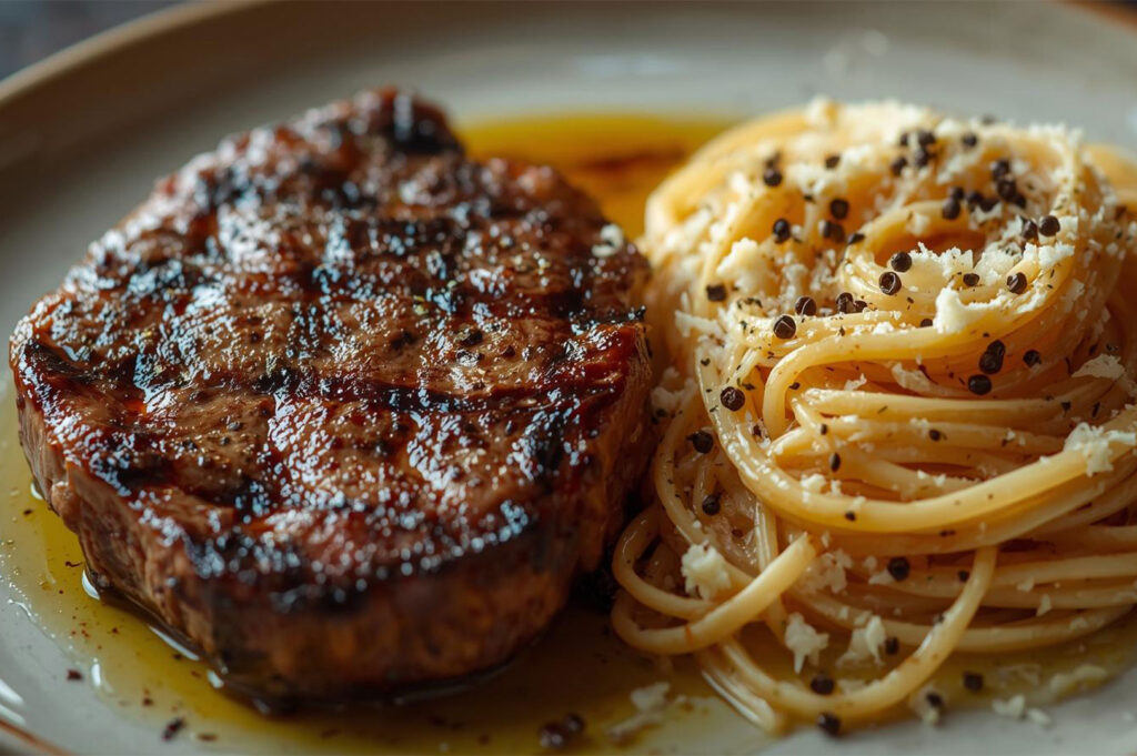 A hearty plate featuring a perfectly grilled steak next to a mound of Cacio e Pepe spaghetti, drizzled with olive oil.
