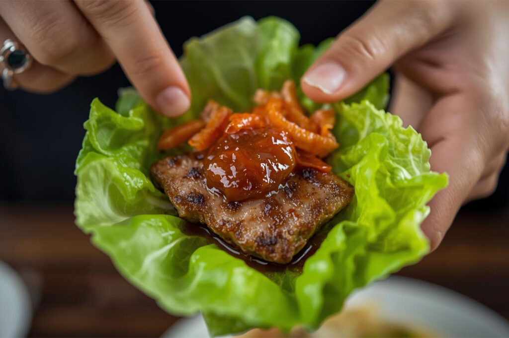 A pair of hands holding a piece of grilled meat topped with a red dipping sauce which is a gochujang inside a fresh green lettuce leaf to create a Ssam wrap.