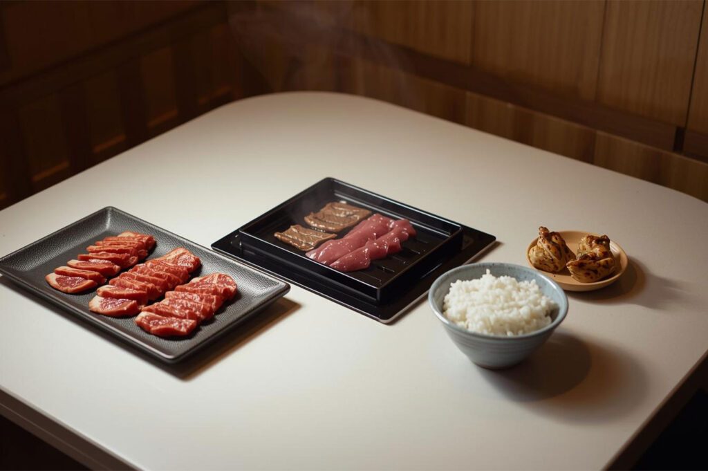 An overhead view of a table set for Japanese Yakiniku (grilled meat), featuring plates of sliced raw beef and liver, a small built-in grill, a bowl of white rice, and side dumplings.