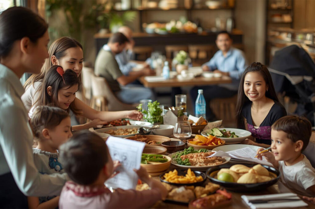 A multi-generational Asian family, including several young children, gathered around a large wooden table piled high with food at a family-friendly restaurant.