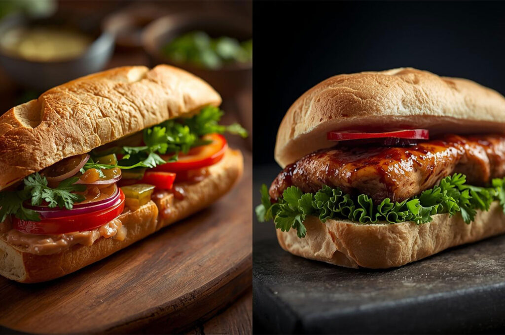 A split image showing two variations of Bánh Mì sandwiches: one filled with vegetables, peanuts, and meat, and the other featuring a glazed, grilled chicken or pork fillet.