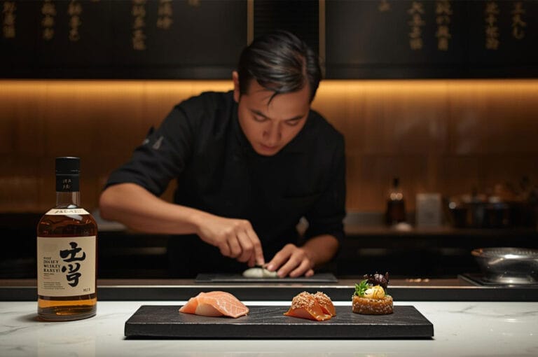 A Japanese sushi chef in a black uniform meticulously preparing a dish behind a marble counter. In the foreground, three pieces of plated gourmet sushi rest next to a bottle of Japanese whiskey (Yamazaki).