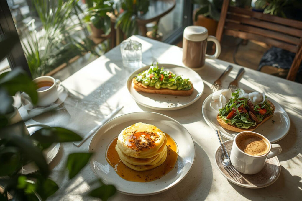Sunlight-drenched cafe table set with a variety of brunch dishes, including a stack of pancakes drizzled with syrup, avocado toast, and cups of coffee.