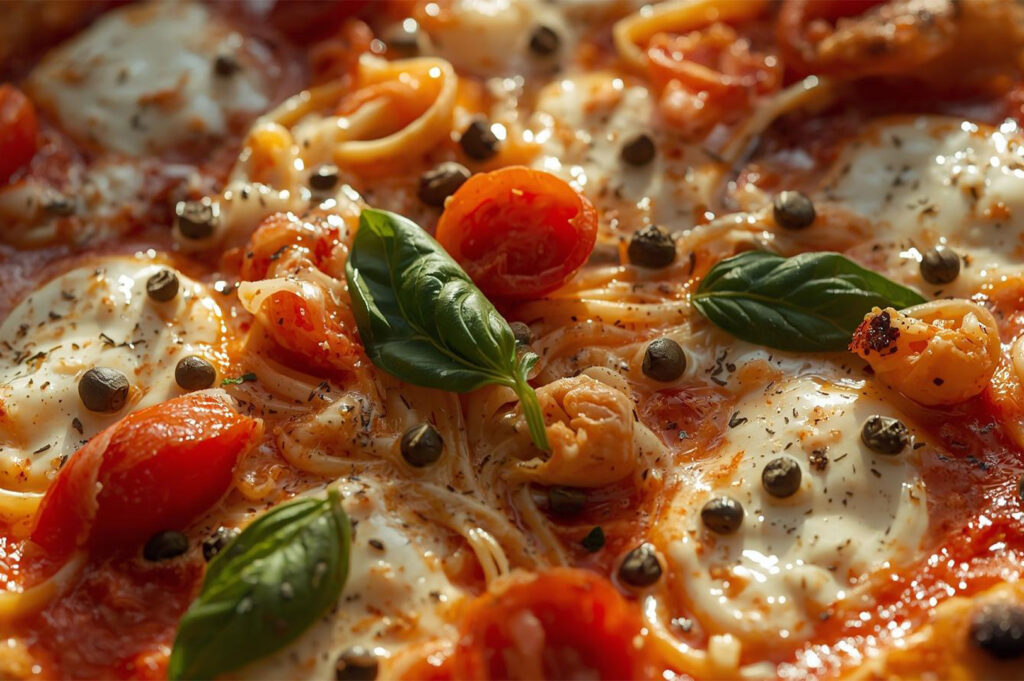 Extreme close-up of a fresh pizza topping with melted mozzarella, tomato sauce, basil leaves, cherry tomatoes, and black peppercorns.