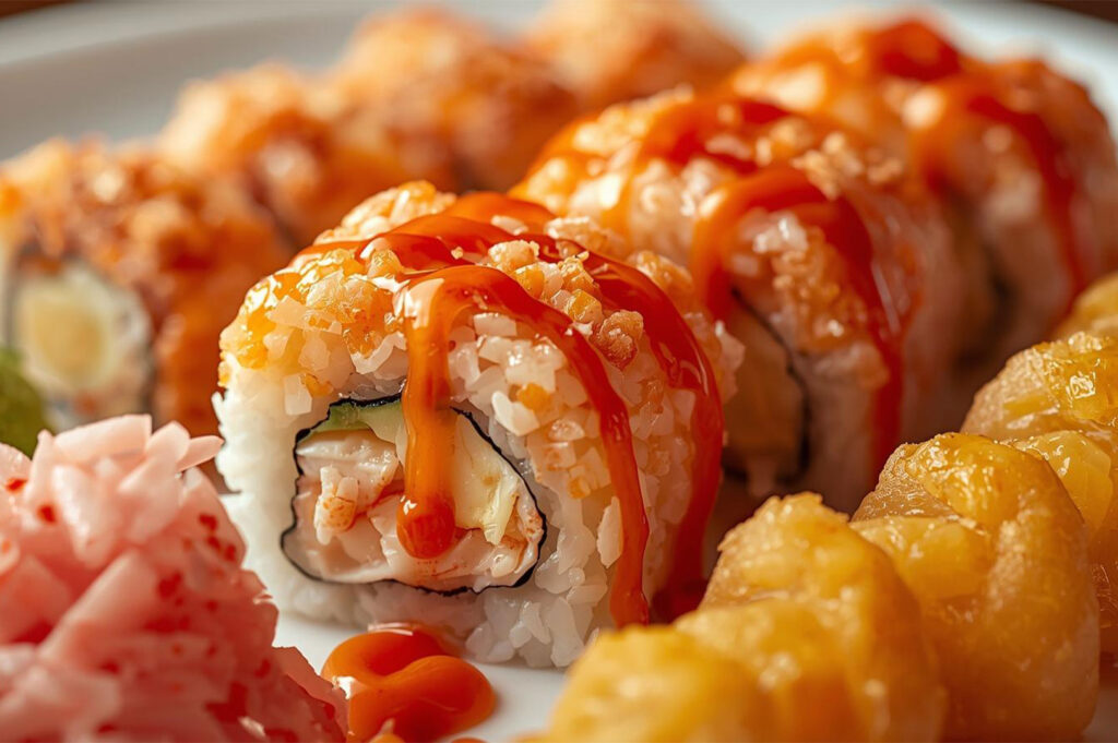 Close-up of a plate of deep-fried sushi rolls (likely tempura shrimp or California roll), generously drizzled with a bright orange sauce and sprinkled with tempura flakes, alongside a mound of pink pickled ginger.