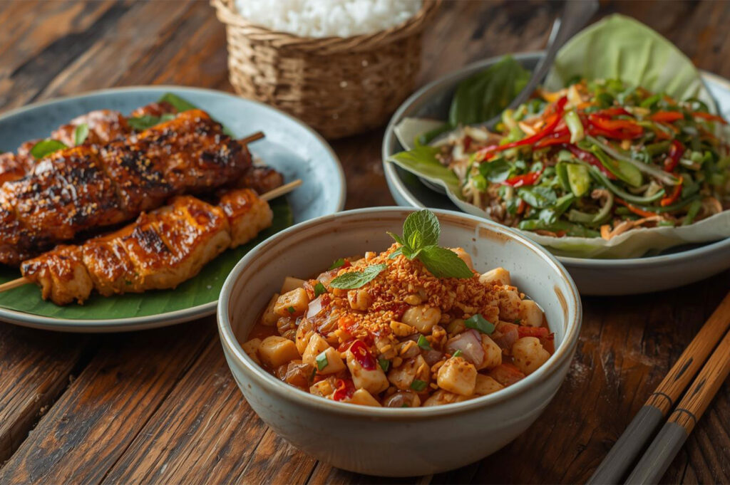 A composition of dishes from Isaan (Northeastern Thailand), featuring grilled chicken skewers (Satay) on a blue plate, a spicy vegetable salad, and a small bowl of chili-based sauce with rice in the background.