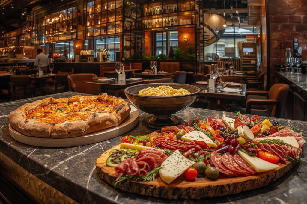 Wide view of a large, dimly lit, high-end Italian restaurant interior with an elaborate wine shelf backdrop. A marble counter holds a wooden board of charcuterie, a bowl of pasta, and a freshly baked pizza.