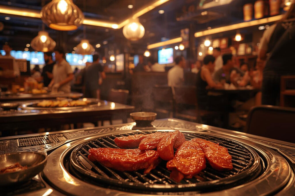 Low-angle shot of marinated meat cooking on a built-in grill at a busy Korean BBQ restaurant in Singapore, with blurred diners and warm lighting in the background.