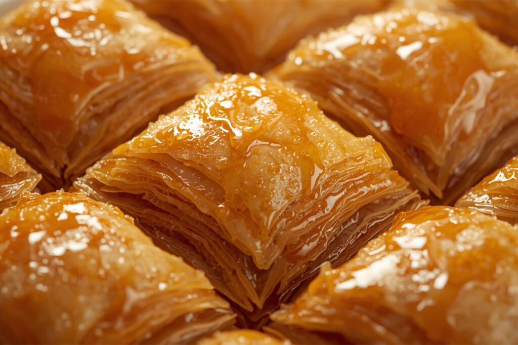 Macro close-up shot of individual, diamond-shaped pieces of flaky, golden-brown baklava soaked in sweet honey or sugar syrup.