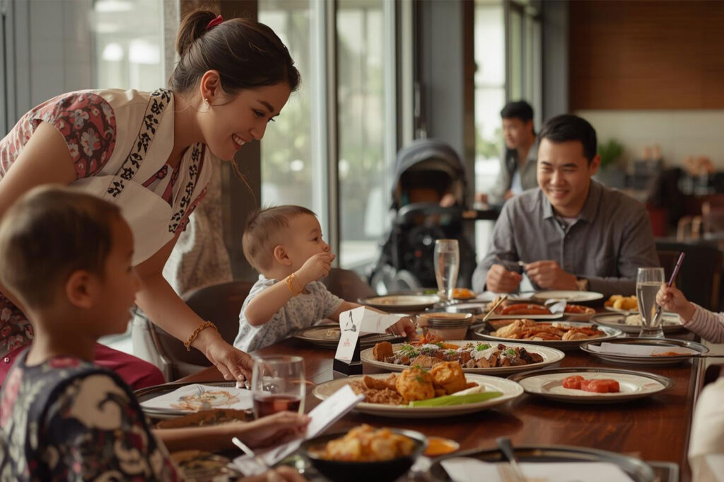 A smiling mother tending to her toddler who is eating at a large table filled with food, while a man and other children enjoy a meal in the background.