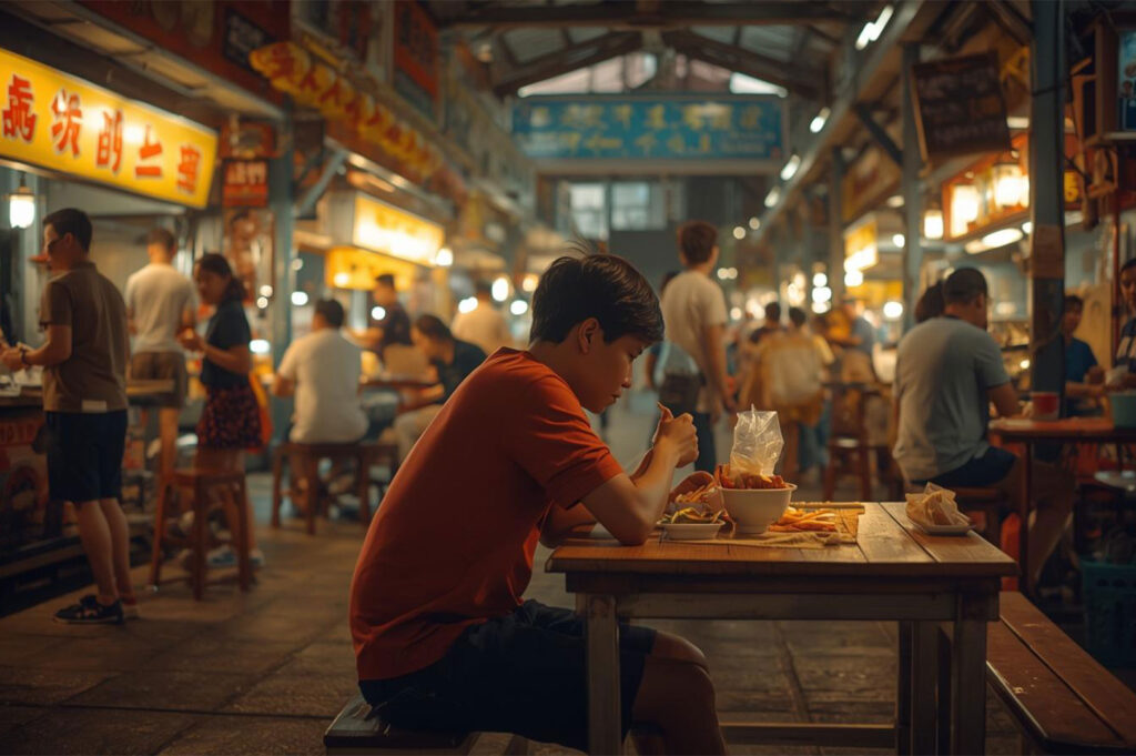 A young man in a red shirt sitting alone at a small wooden table, eating food from a plate at a dimly lit, busy Asian hawker center or food market.