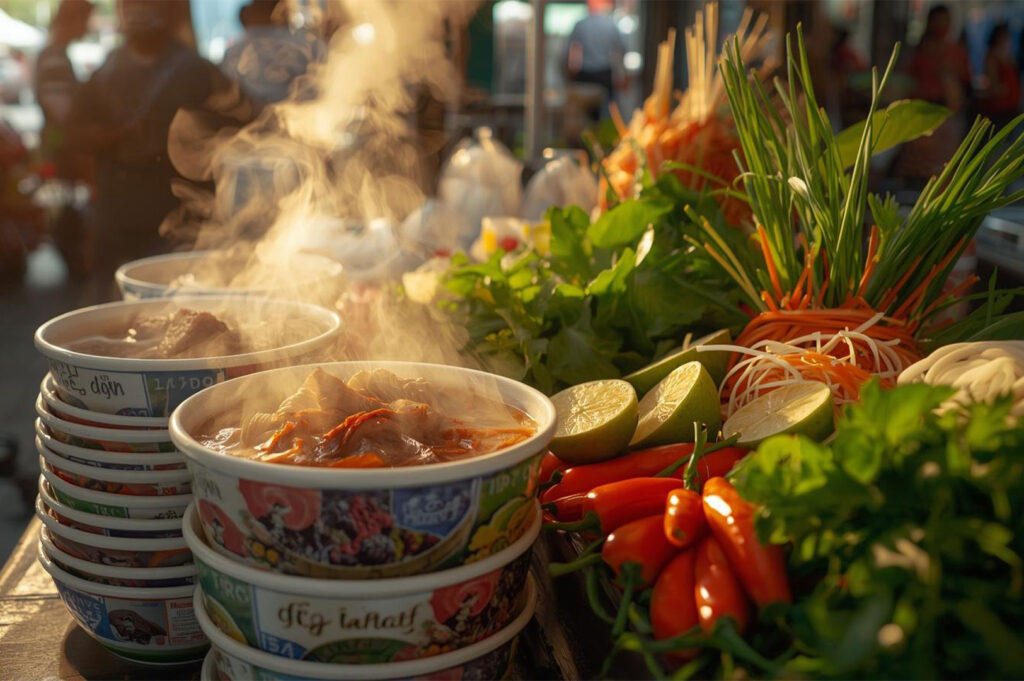 Vibrant street food scene featuring stacks of bowls filled with steaming hot Vietnamese soup or noodles, surrounded by fresh herbs, lime, and red chili peppers at sunset.