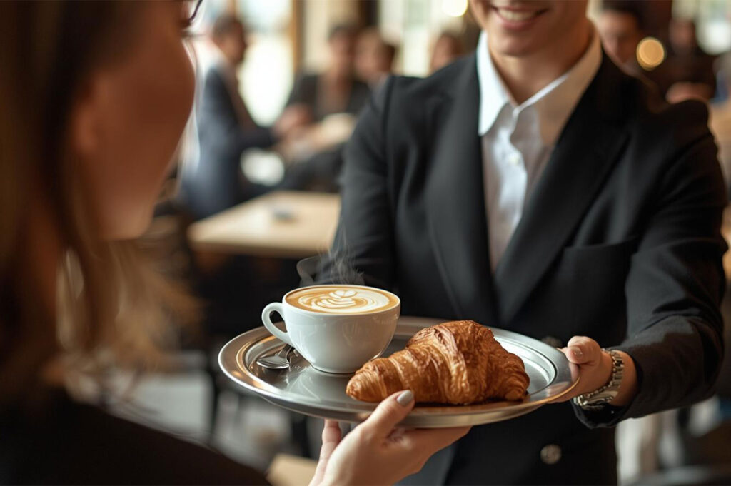 A smiling server in a black suit presenting a silver tray with a freshly made latte and a golden-brown croissant to a customer.