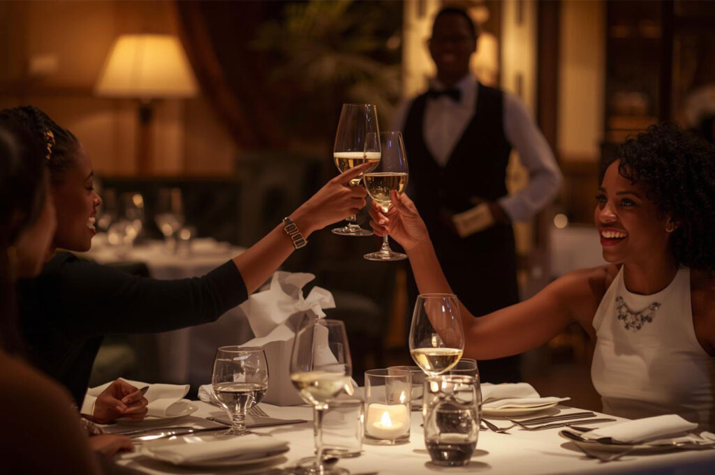Two women smiling and clinking wine glasses in a toast across an elegantly set table in a warm, dimly lit upscale restaurant, with a formally dressed server blurred in the background.