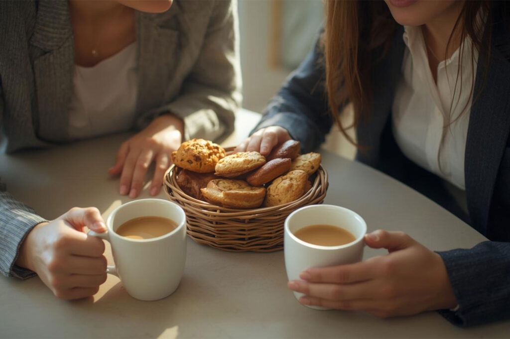 Two businesswomen in professional attire meeting over coffee and a basket of assorted pastries on a table.