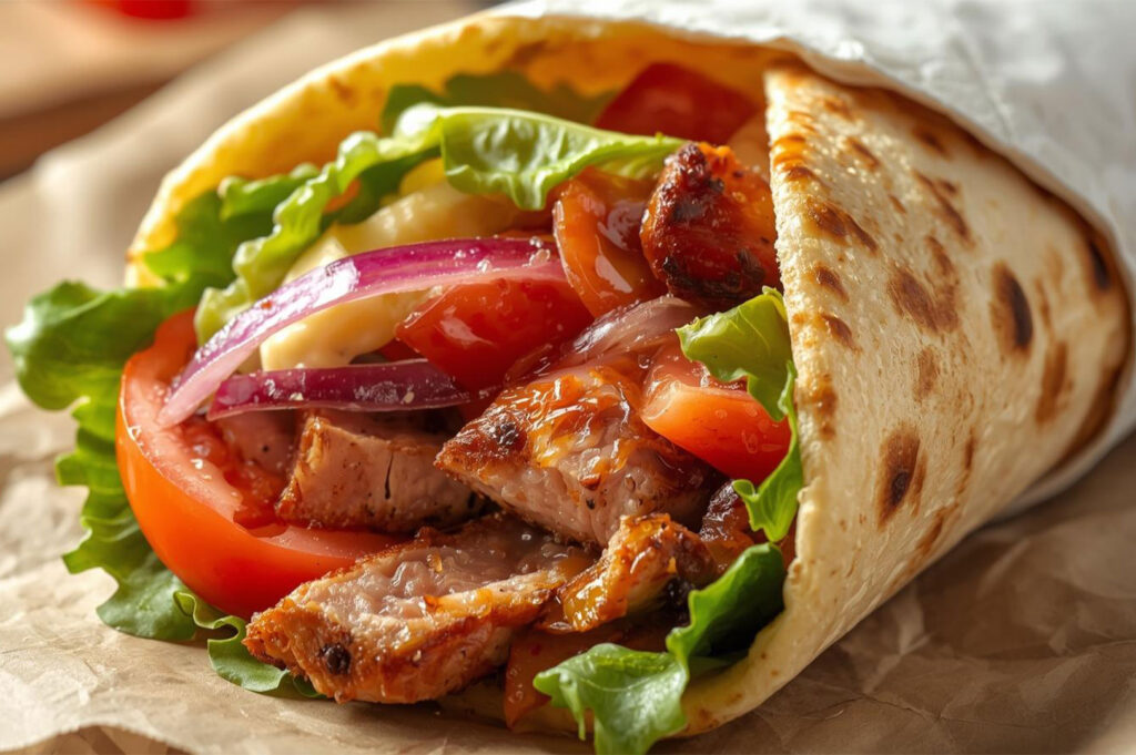 Close-up of a tightly wrapped Doner Kebab or Shawarma, showing slices of grilled meat, red onions, tomatoes, and fresh green lettuce tucked into a pita or flatbread.