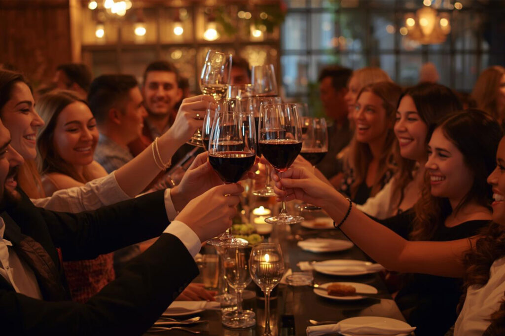 A close-up of a group of smiling people making a toast with glasses of red wine held high over a dinner table in a warmly lit, celebratory restaurant setting.