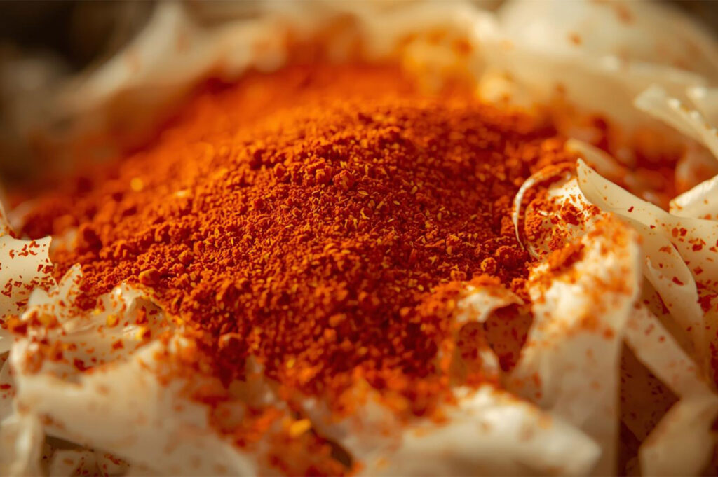 Extreme close-up of a mound of bright red, coarse Gochugaru (Korean chili powder) resting on thinly sliced white vegetables, likely for making kimchi.