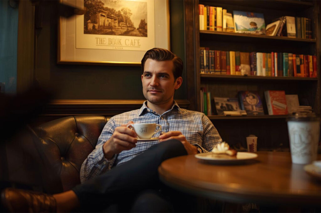 A stylish man in a plaid shirt seated comfortably in a leather armchair inside a book cafe, holding a teacup and looking off-camera, with full bookshelves lining the wall behind him.