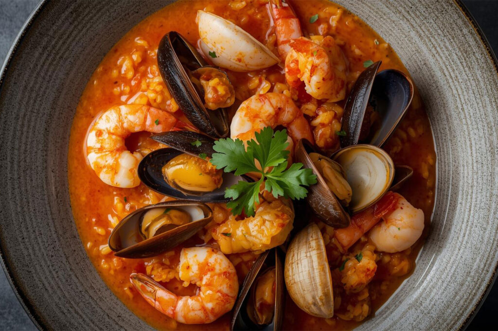 Overhead shot of a bowl of rich, orange-red seafood risotto or Italian rice dish, densely packed with fresh mussels, large shrimp, clams, and garnished with parsley.