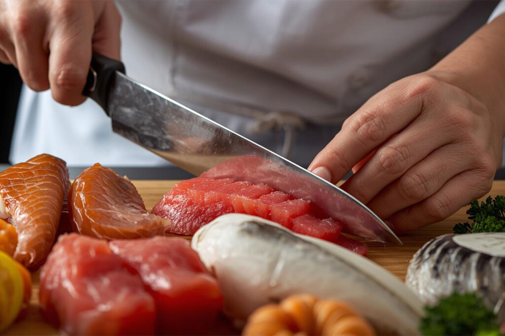 Close-up of a chef's hands wearing a white jacket, carefully slicing a block of bright red raw tuna or other fish on a wooden cutting board with a sharp knife, surrounded by salmon and fresh garnishes.