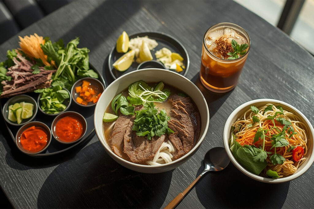Flat lay of a bowl of Vietnamese beef pho with a side of dry noodles, a platter of fresh herbs, sauces, and lime wedges, next to a glass of iced tea on a dark table.