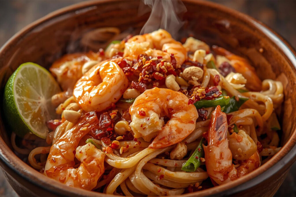 A close-up of a bowl of steaming Pad Thai noodles, topped with glossy sautéed shrimp, crushed peanuts, chili flakes, and a fresh lime wedge ready to be squeezed.