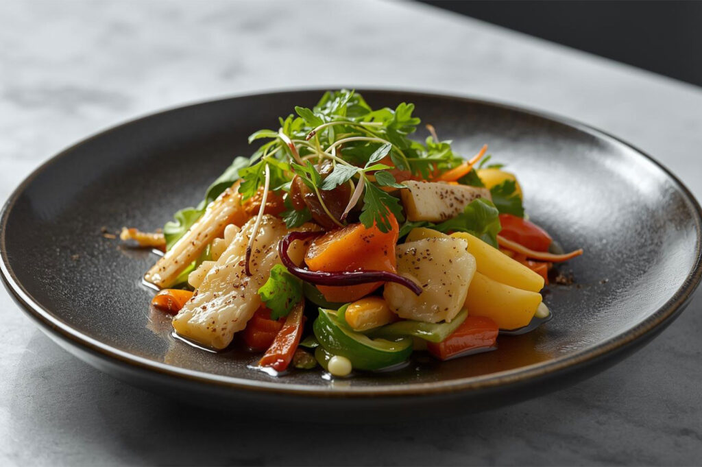 A beautifully plated gourmet salad or appetizer, featuring a mix of colorful vegetables (yellow squash, carrots, bamboo shoots) dressed in a dark sauce and garnished with fresh parsley and microgreens on a black ceramic plate.