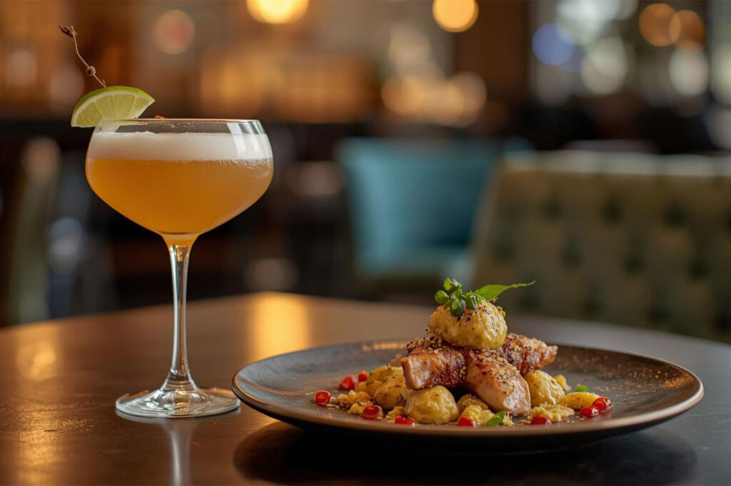 A stemmed glass holding a golden, foamy cocktail garnished with a lime slice, placed next to a plated gourmet appetizer of seasoned fish or chicken with saffron rice.