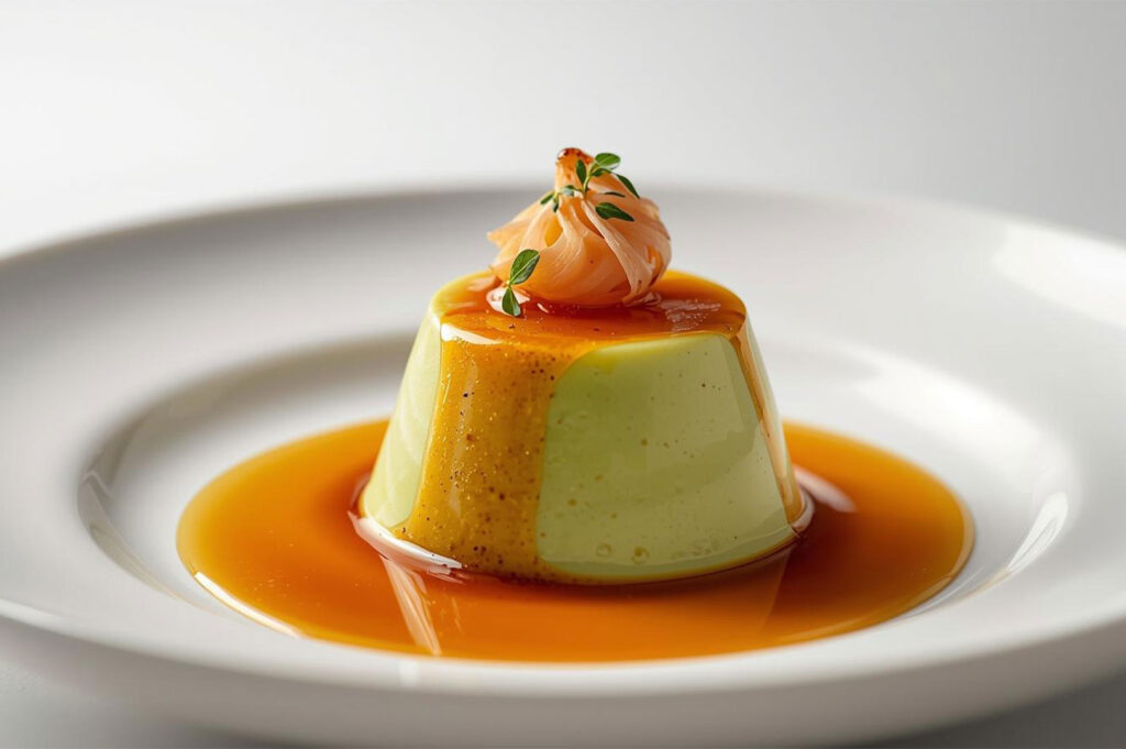 A finely plated dessert, likely a light green panna cotta or flan, surrounded by a pool of rich caramel or toffee sauce, and topped with delicate slices of candied ginger or fruit and herbs on a white plate.
